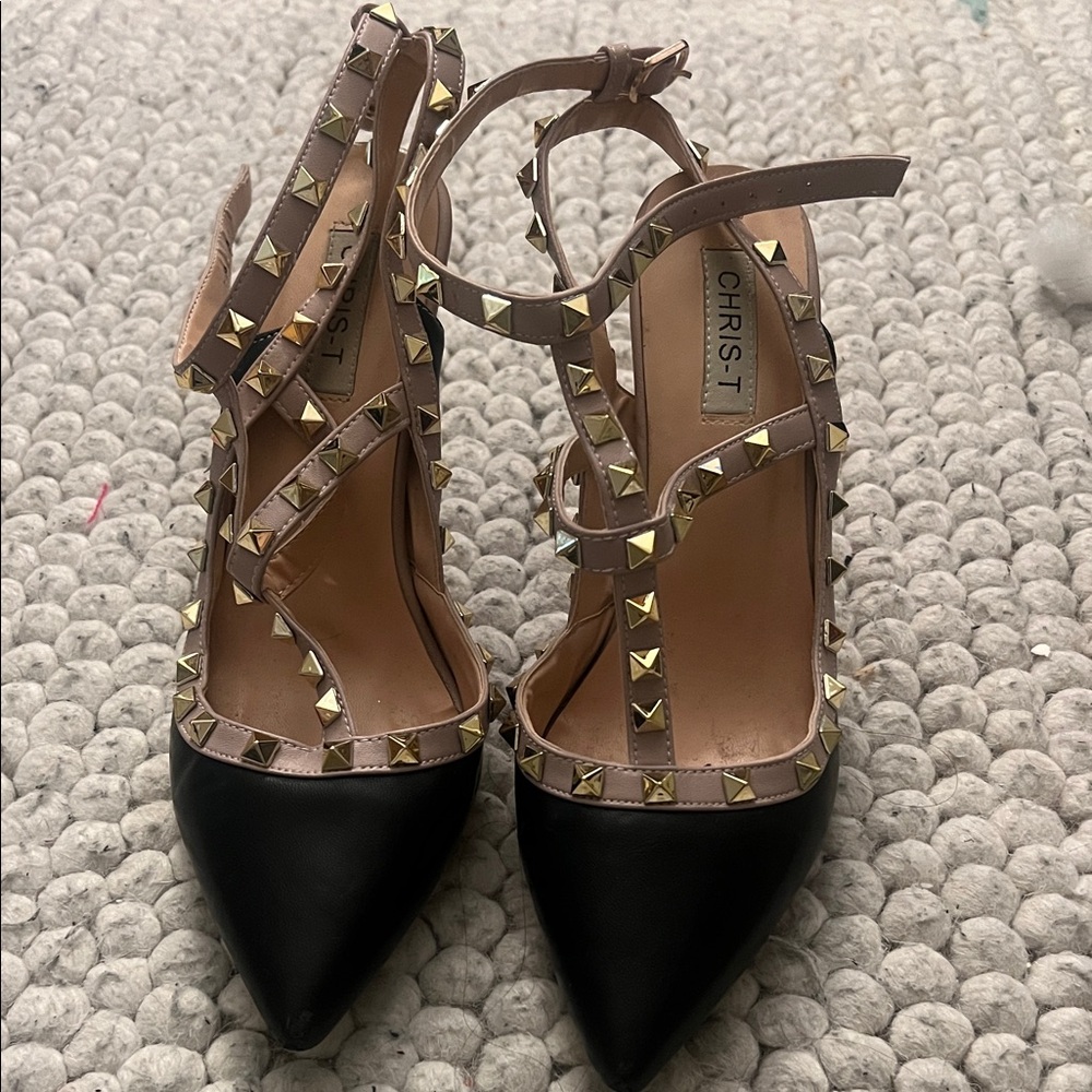 Women's Black and Gold Studded Heels